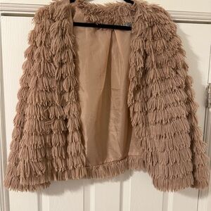 She and Sky Textured Fringe Teddy Jacket in Brown